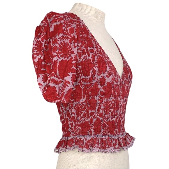 NWT- CLEOBELLA Bella Red Smocked, Puff Sleeves and Ruffle Hem Top Sz Small - Picture 10 of 16